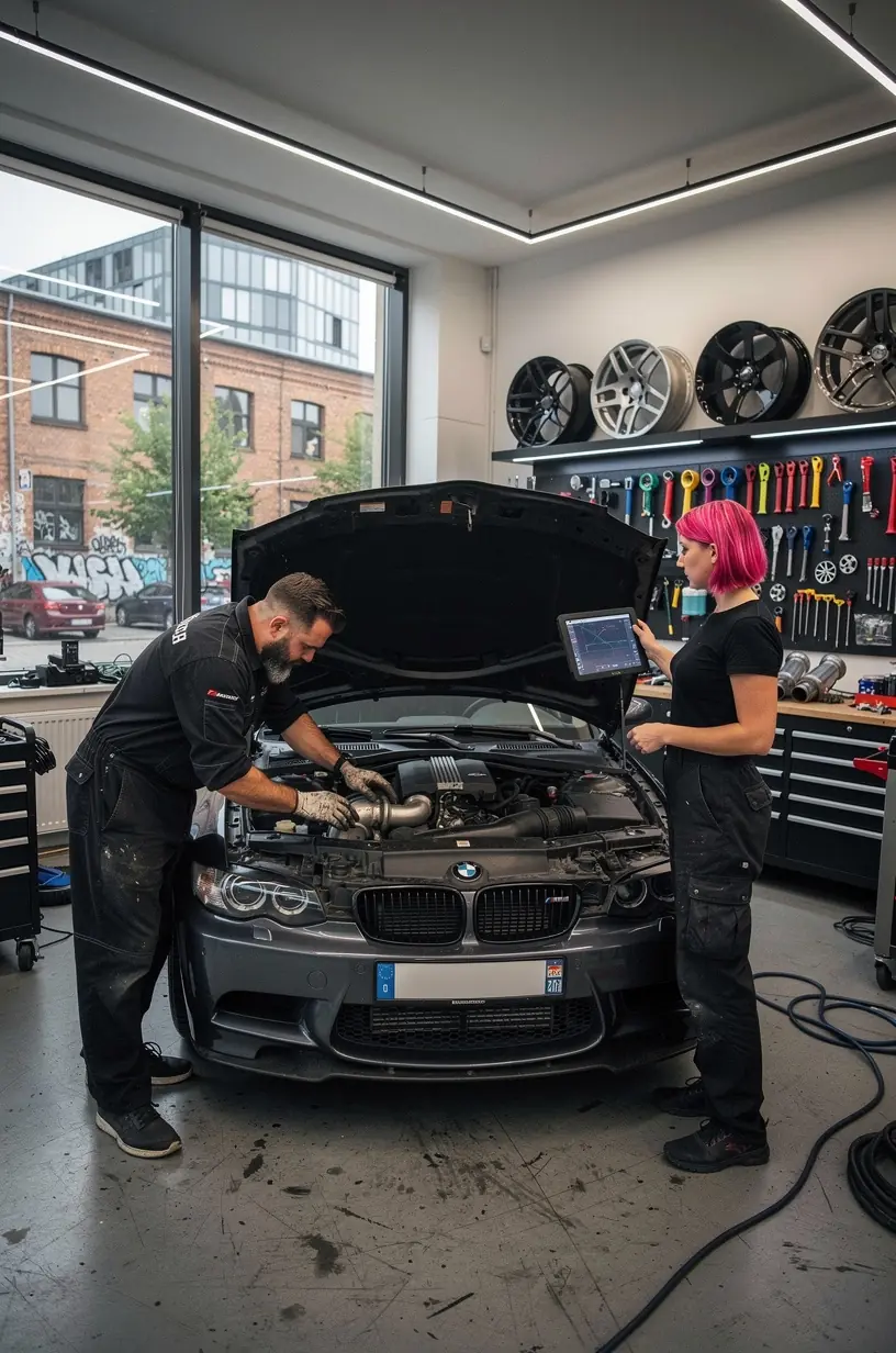 Techniker montieren präzise maßgeschneiderte Motor-Upgrades für verbesserte Fahrzeugleistung.
